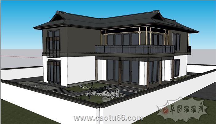 中式汉唐别墅带庭院su模型(id29076)