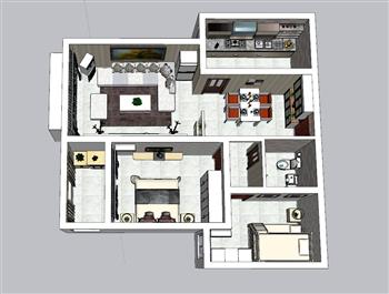 两室一厅家装户型鸟瞰图su模型(ID28027)