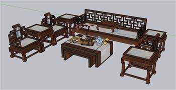 中式沙发茶几SU模型