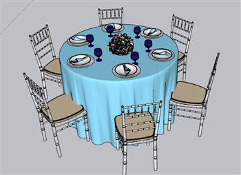 宴会桌酒席餐桌椅SU模型