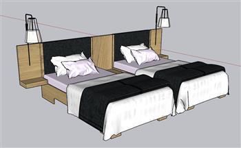 标间双人床床铺SU模型