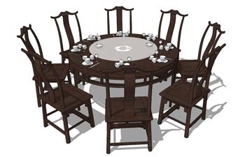 中式餐桌椅圆桌SU模型