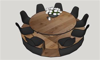 木制圆形餐桌椅SU模型