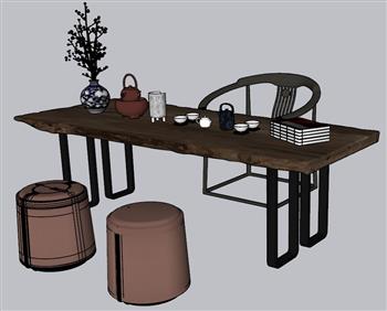 中式茶桌扶手椅SU模型