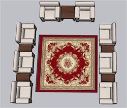 新中式贵宾接待沙发地毯su模型(ID34812)
