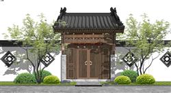 中式入户门围墙院门su模型(ID90692)