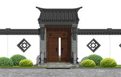 中式院门围墙入户门su模型(ID90705)