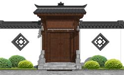 中式入户门院门石狮子su模型(ID90721)