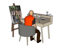 坐姿光头男人桌椅画架su模型(ID92876)
