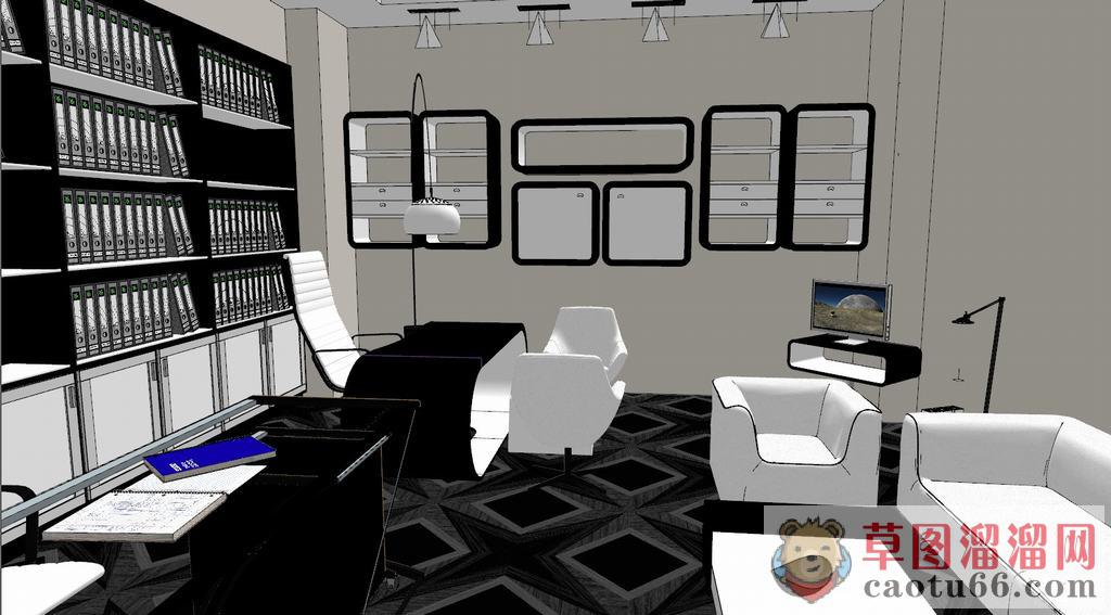 现代办公室空间草图模型 skp模型图片2 免费模型库