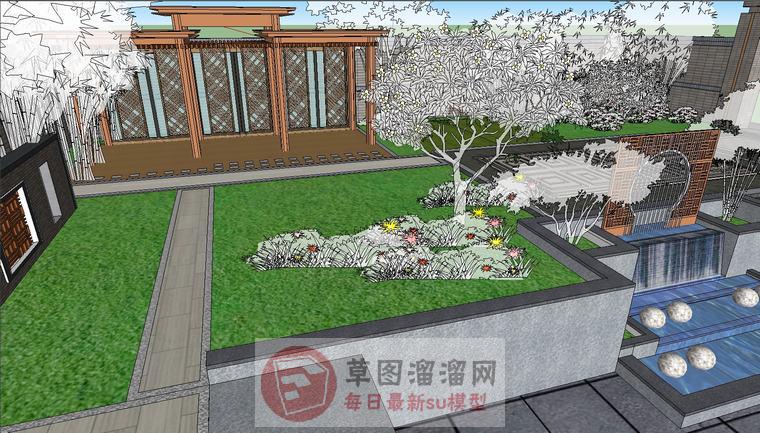 中式庭院流水景观SU模型上传日期是2020-07-02