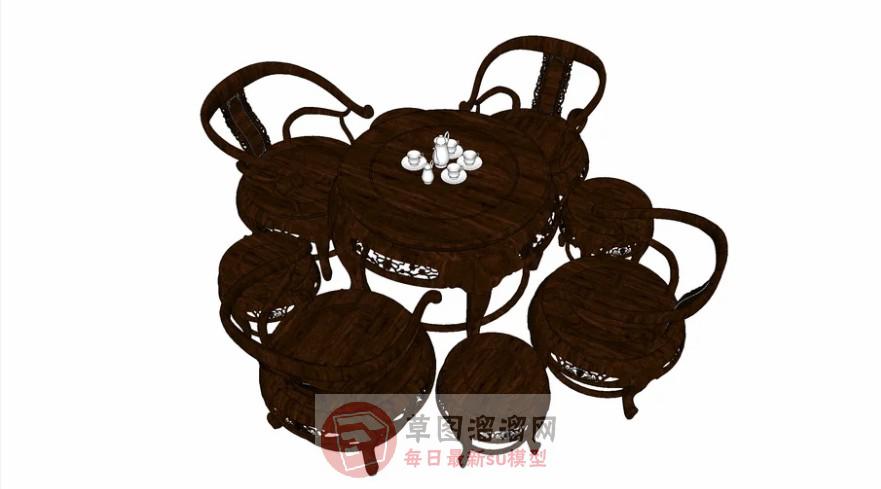 中式圆形茶桌椅SU模型分享作者是【【铭洋绘居】】
