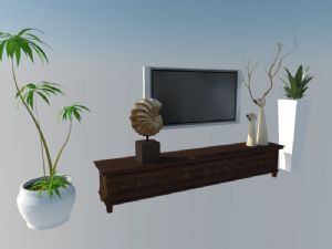 大盆栽盆景木制电视柜电视机SU模型