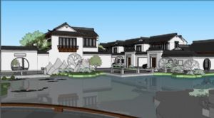 中式滨水别墅SU模型
