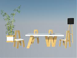木桌椅凳子花盆SU模型