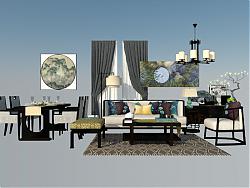 新中式客厅沙发-窗帘-餐桌椅-吊灯-落地灯-花盆su模型