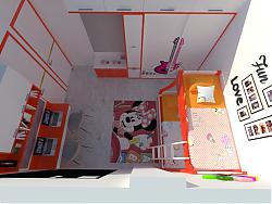 儿童房室内空间-高低铺-衣柜-电脑桌su模型