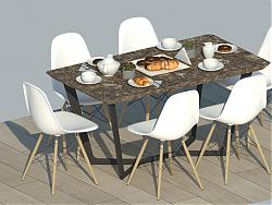 北欧餐桌椅餐具面包SU模型