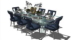 欧式玻璃餐桌椅家具su模型