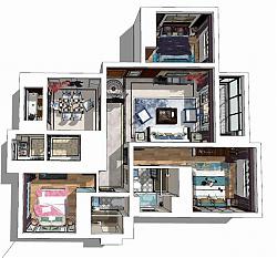 新中式三房两厅草图模型库下载