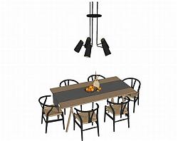 六人餐桌椅吊灯SU模型