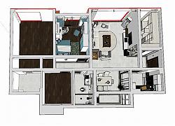 三房两厅户型样板间家装su模型库素材