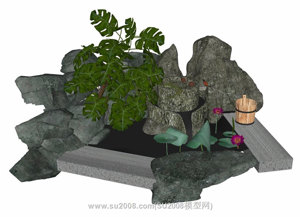 景观石磨荷花水池su模型