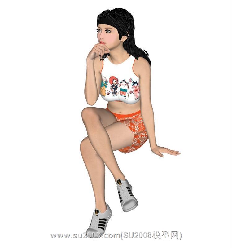 坐姿托腮的女孩人物su模型