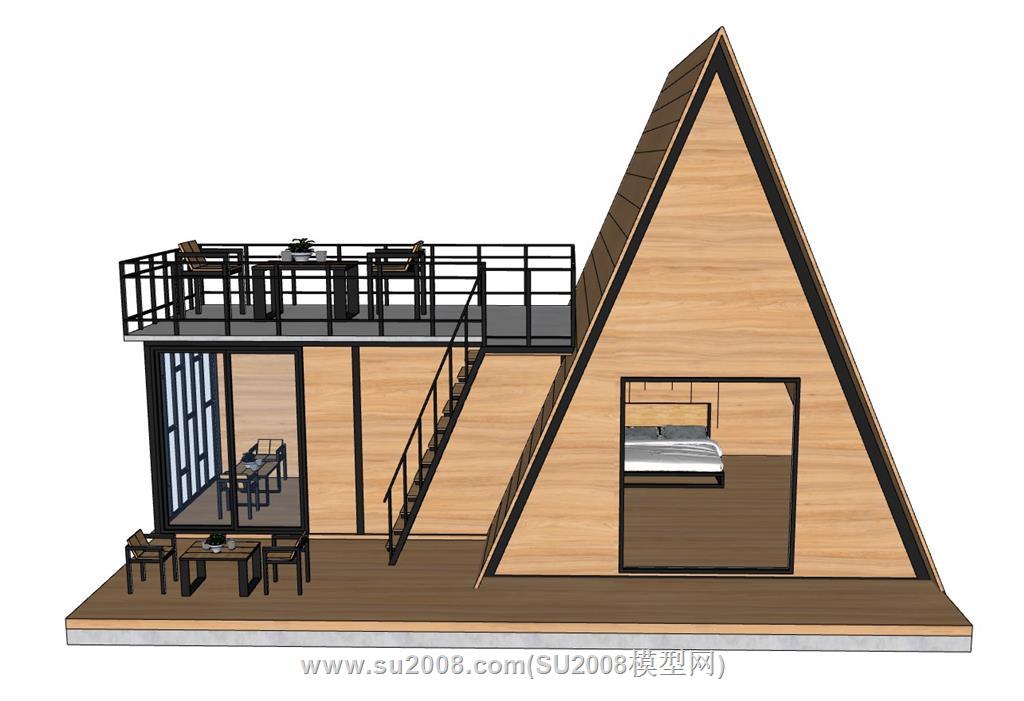 两层三角木屋民宿su模型