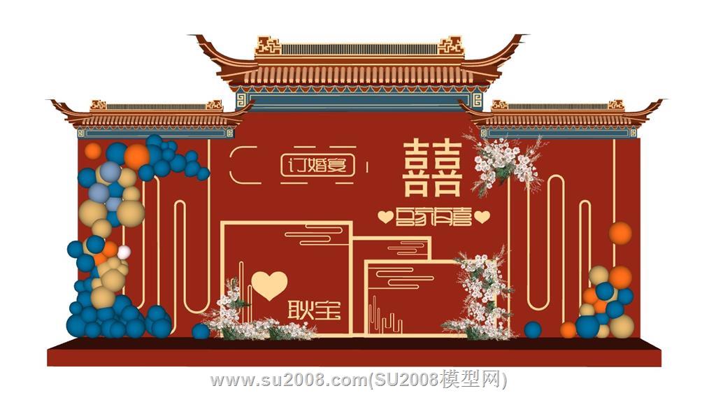 中式国潮婚礼美陈墙su模型