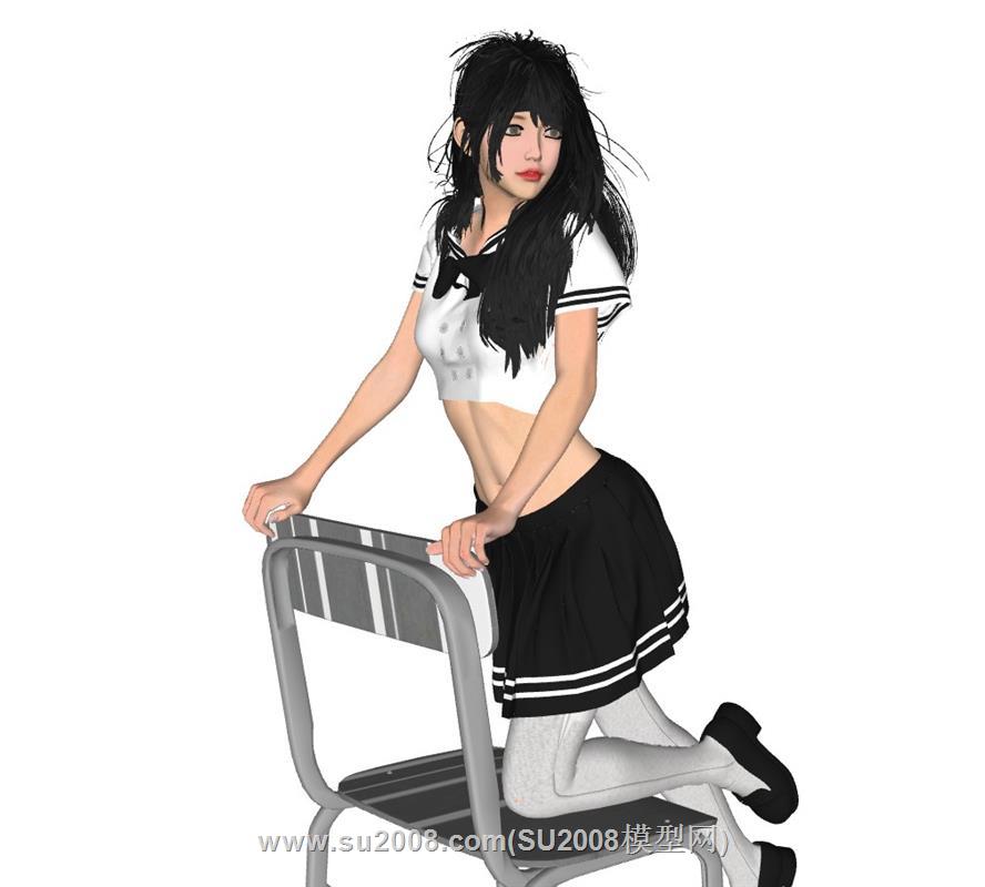 半跪在椅子上的女同学人物su模型