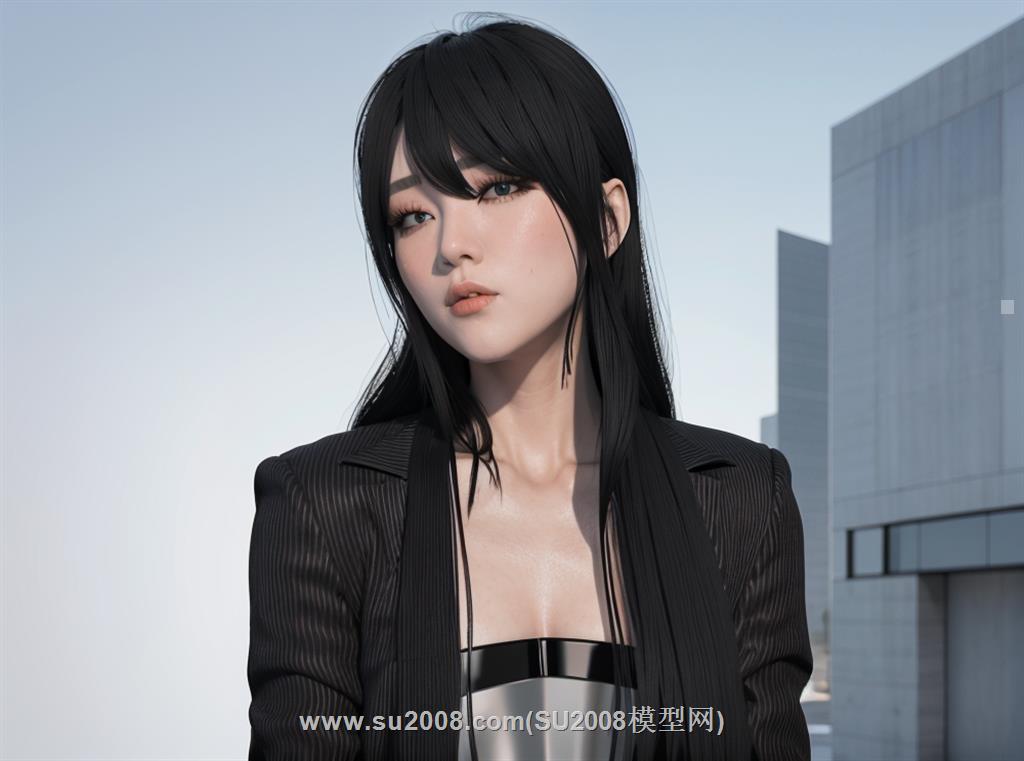 长发依靠女子人物su模型