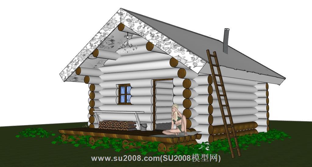 俄罗斯风格木刻楞木屋SKP模型，打造别样建筑魅力