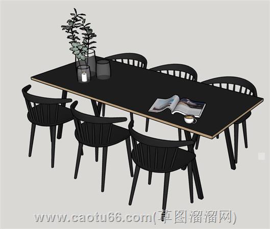 六人座餐桌椅su模型