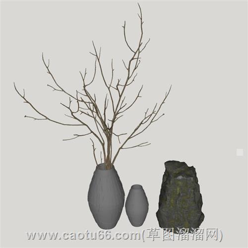 枯枝花瓶石头摆件su模型