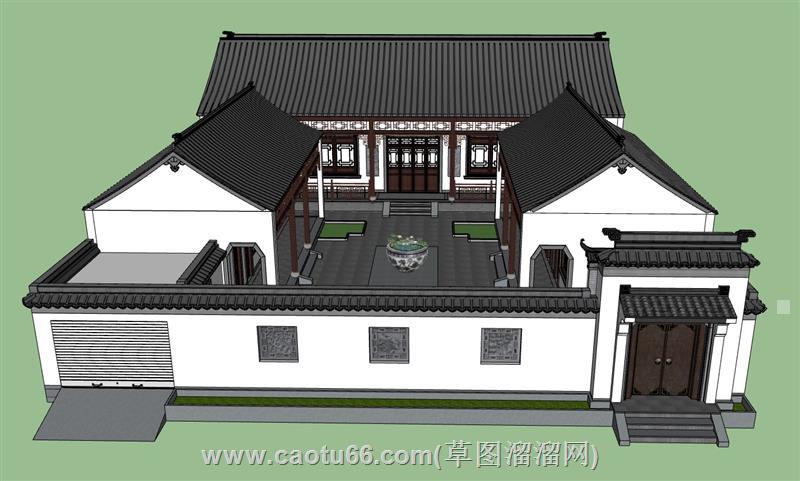中式四合院别墅带车库门su模型
