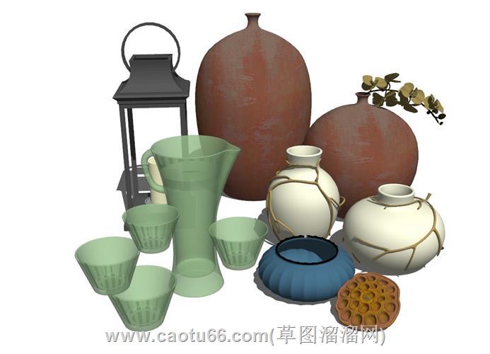 中式茶具花瓶su模型