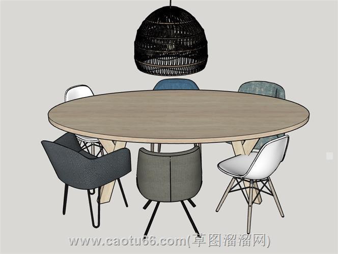 木质椭圆形餐桌椅su模型