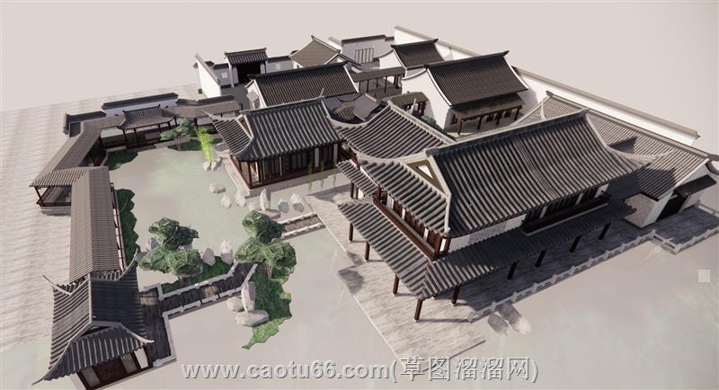 中式古典别墅园林su模型