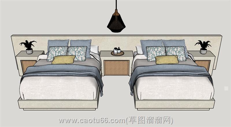宾馆酒店双人床su模型