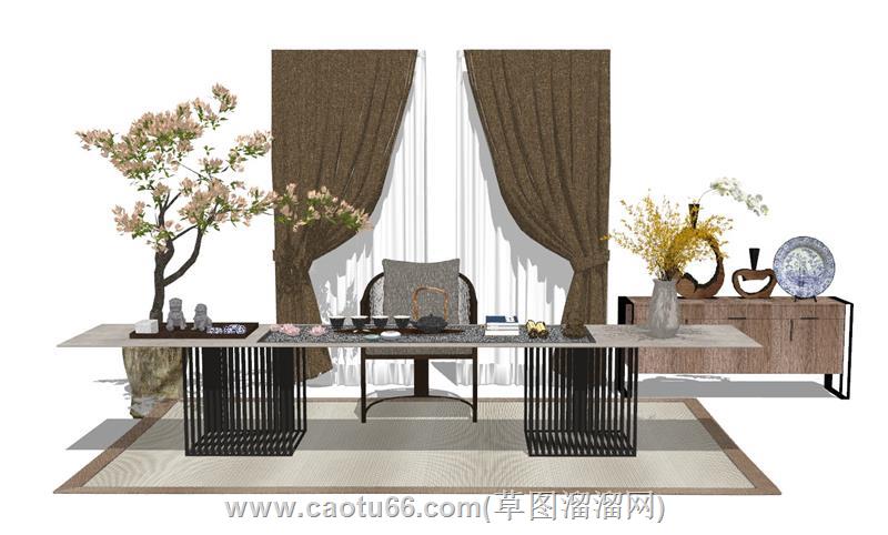 中式茶桌书桌su模型