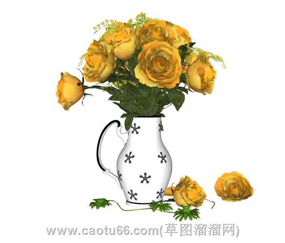 黄色玫瑰花的花瓶su模型