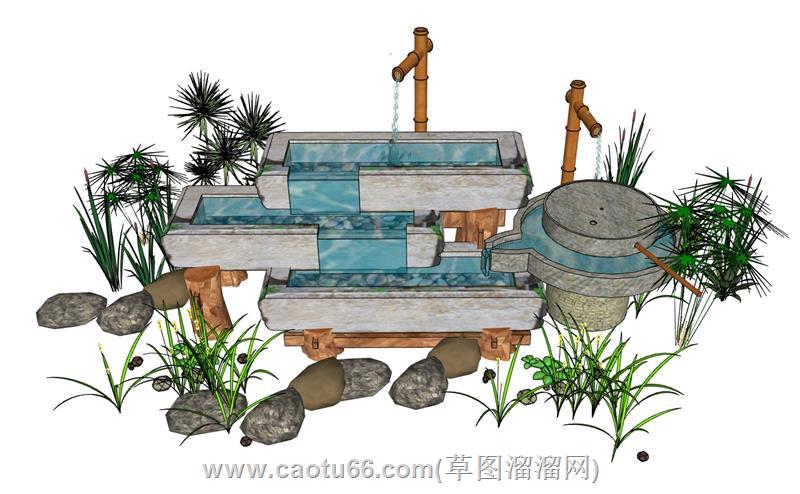 石磨流水景观惊鹿竹滴su模型