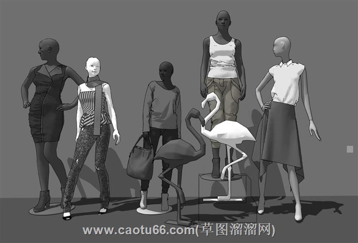 服装假人模特带火烈鸟摆件SU模型-时尚与装饰的融合