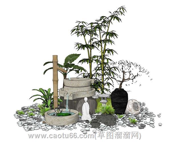 惊鹿石磨流水景观小品的su模型