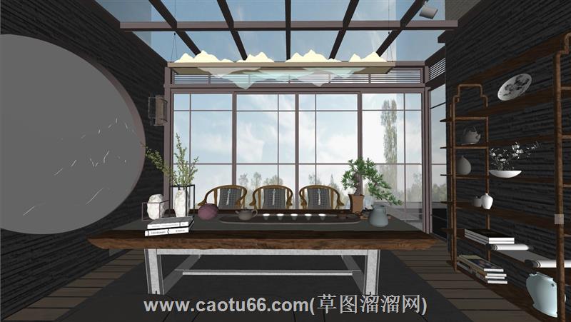 新中式阳光房茶室su模型