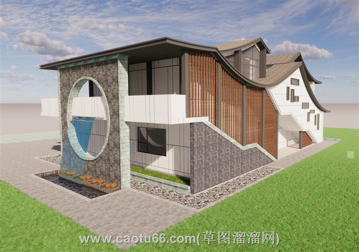 坡屋顶文化展览馆su模型