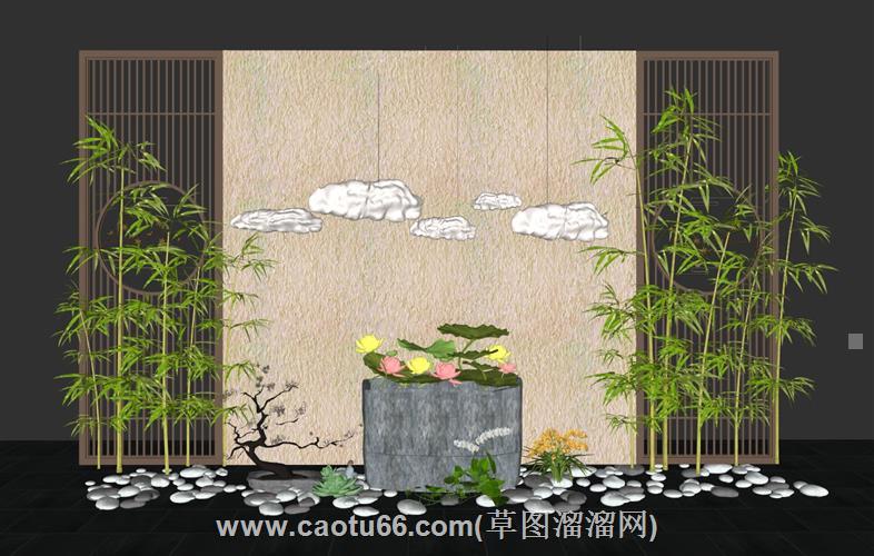 荷花庭院景墙su模型