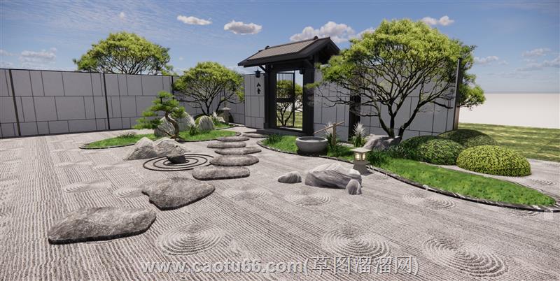 中式庭院枯山水景观su模型