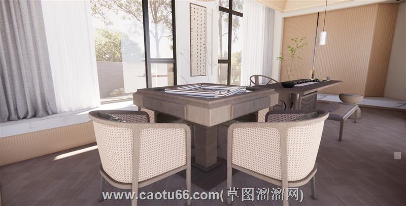 新中式棋牌室茶室su模型